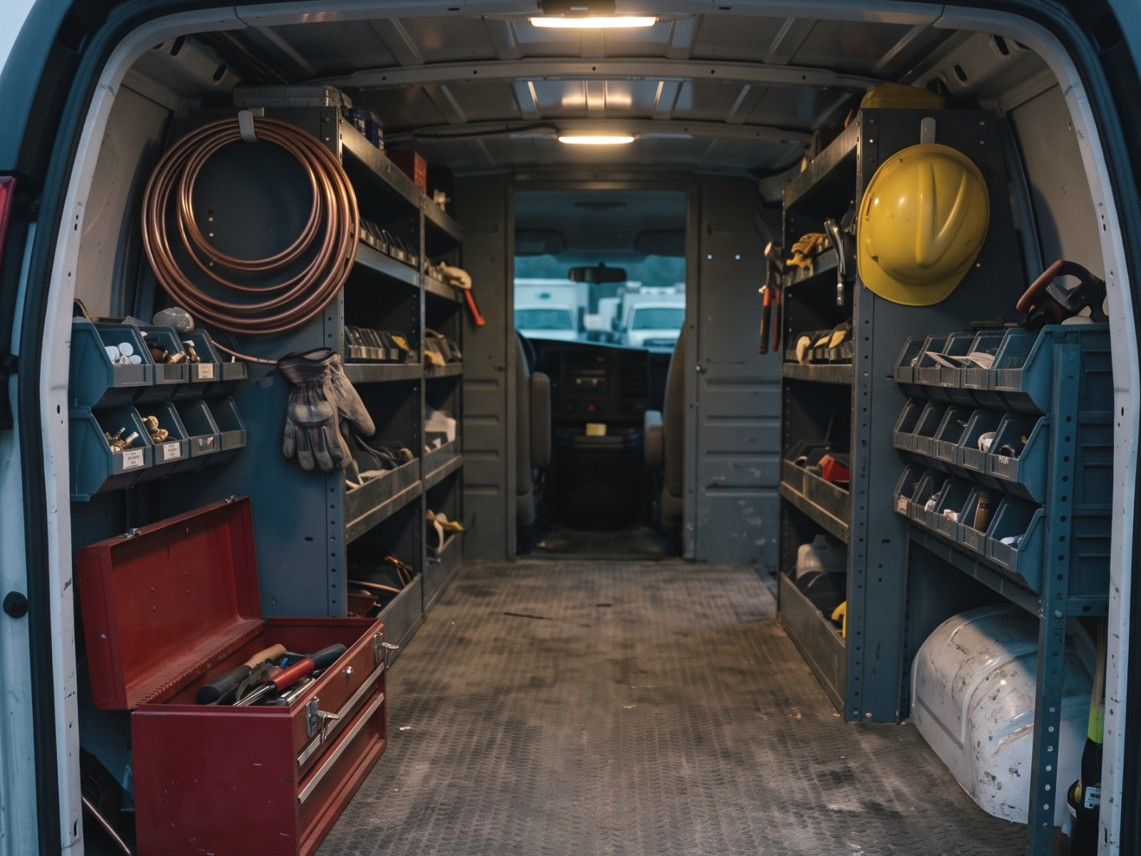Open rear of a working service van with tools and parts